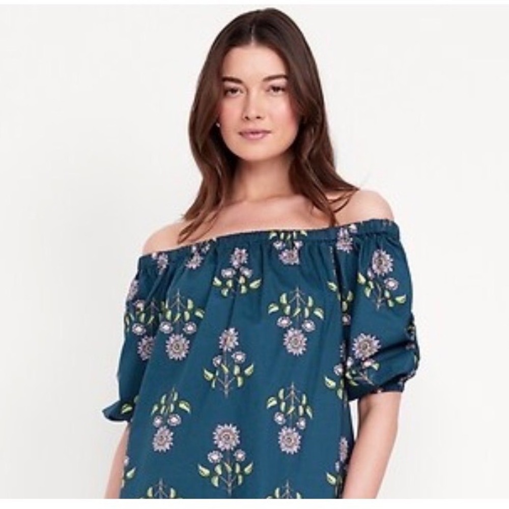 Womens Off The Shoulder Floral Puff Sleeve Top Teal Blue Large w/ pockets
